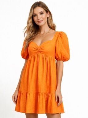Gianni Bini Orange Puff Sleeve Babydoll Dress